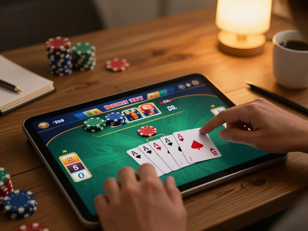 Engaging online poker scene showcasing 88vv lừa dảo gameplay on tablet, highlighting strategic planning.