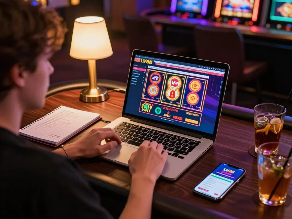 Enjoying online gambling at LV88 with a laptop showing vibrant slot games and poker tables, relaxed home setting