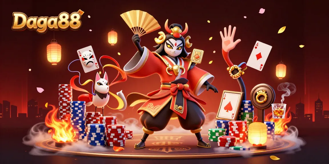 Daga88 elevates the combat with kabuki warriors and poker chips in a vibrant casino scene