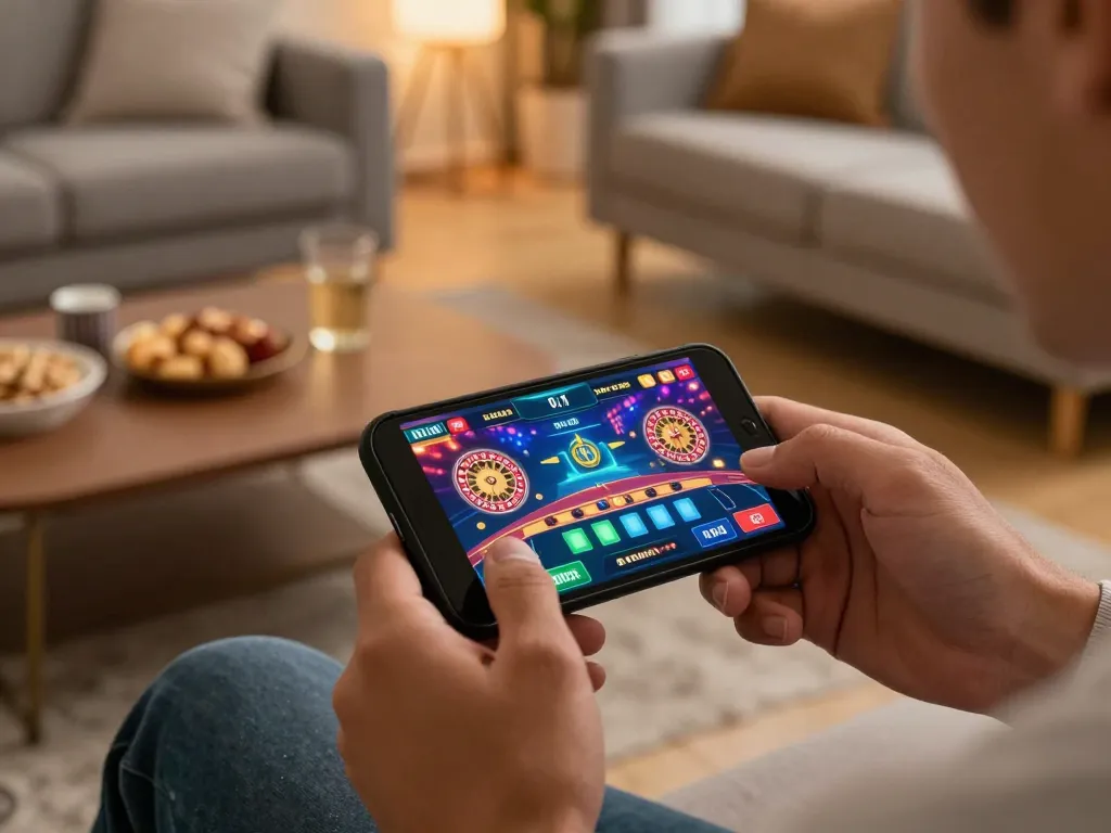 Engaged player betting on DN88 mobile casino app while relaxing at home, showcasing live roulette.