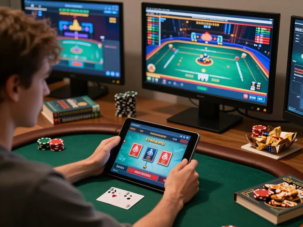 Play FIVE88 online poker on a tablet while planning strategies in a cozy gaming setup.