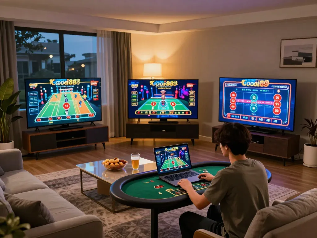 Experience the excitement of playing casino games at home with Good88 on a stylish laptop setup.