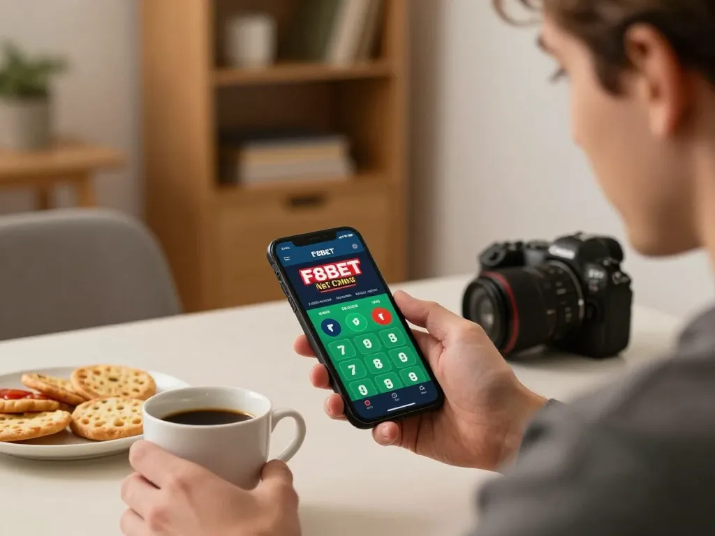 Engaging with the F8BET net app for strategic mobile betting at home, showcasing excitement and focus.