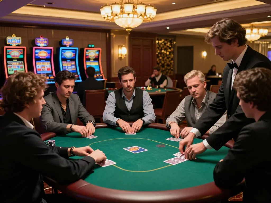 Players strategizing their bets at a debet poker table in an upscale casino environment.