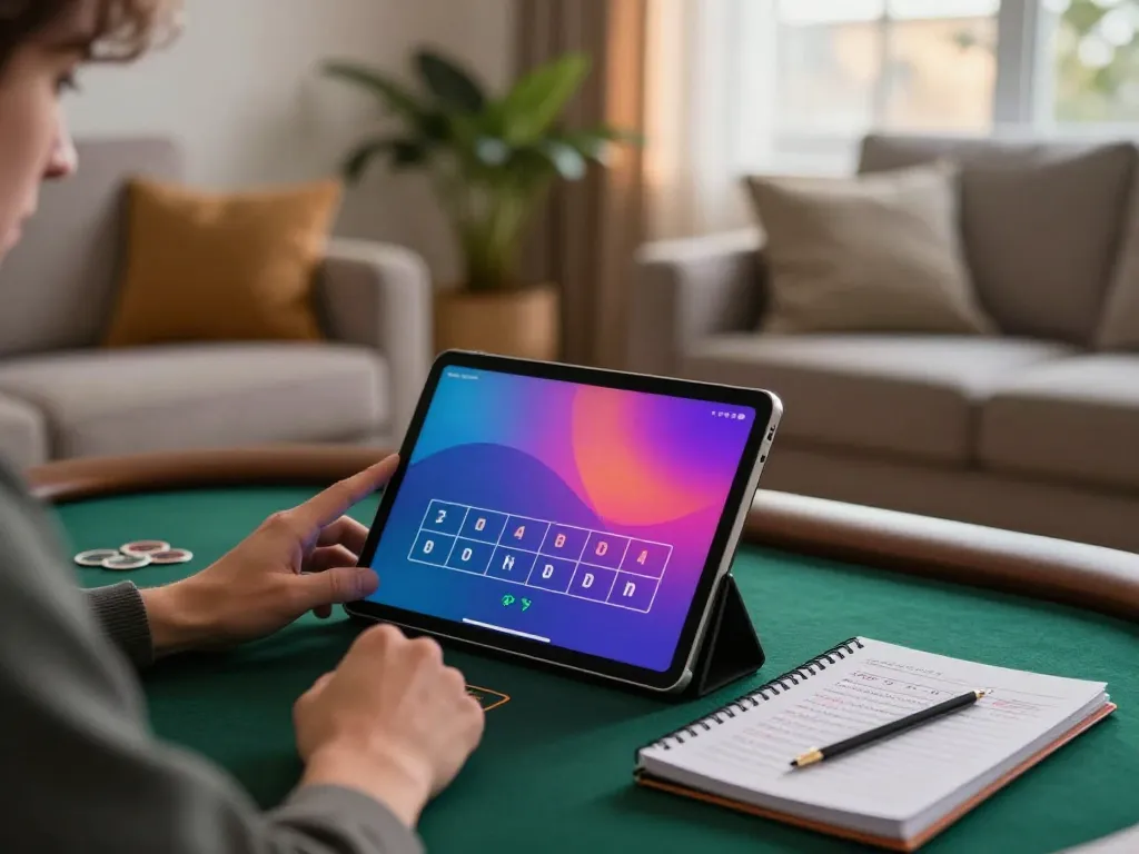 uu88 player engaged in online poker with strategy notes in a cozy home setting