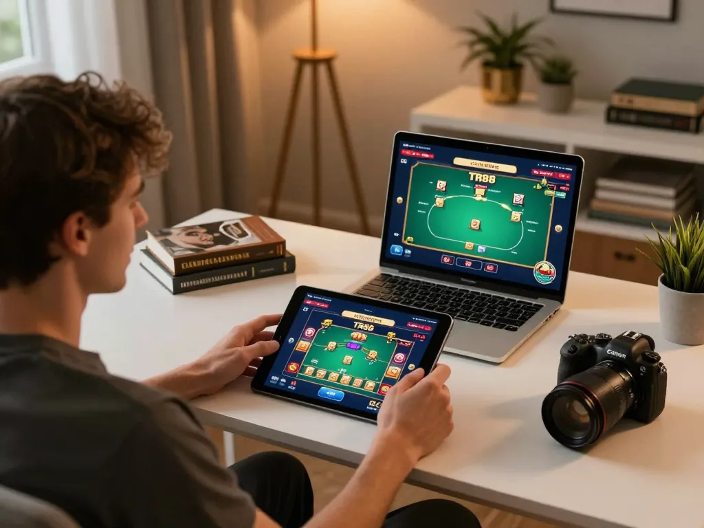 Player engaging with the TR88 casino app on a tablet while strategizing for online games