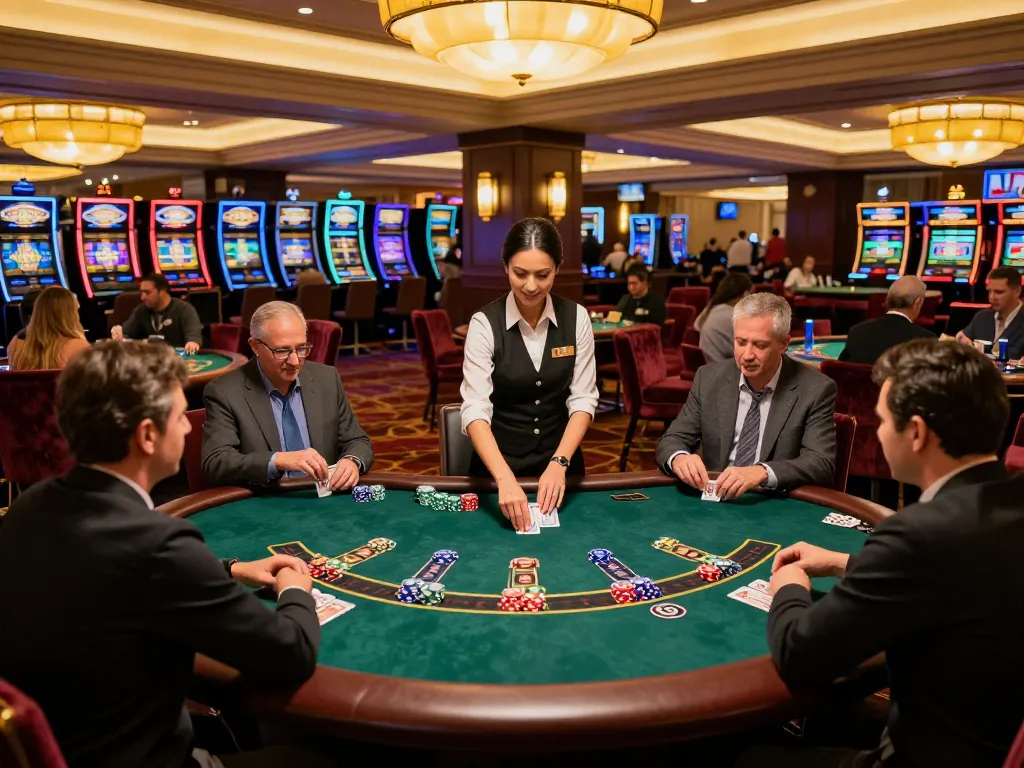 Players engaging in a strategic game of blackjack at a vibrant casino table, VK88-themed ambiance enhancing atmosphere.