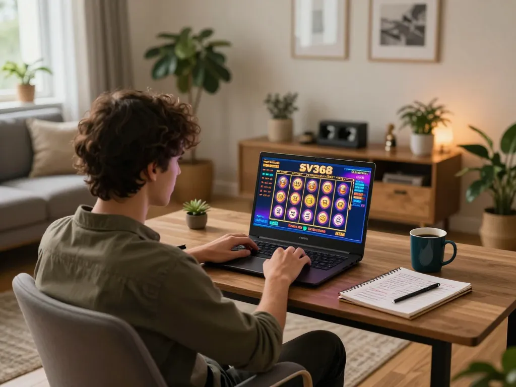 Engaging player focused on SV368 thomo slot game on laptop in a cozy home setting, emphasizing online gaming strategy.
