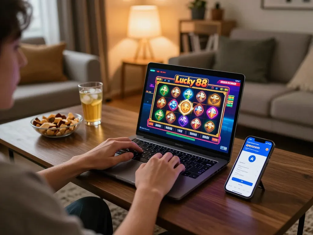 Engaged player enjoying Lucky 88 slot game on laptop in a cozy gaming setup