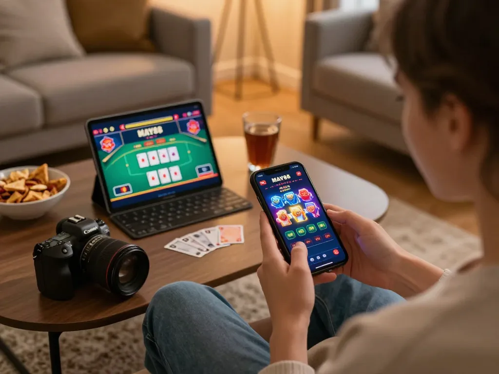 Experience live gaming excitement with the MAY88n app on a smartphone at home.