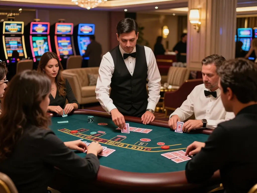 LODE88 blackjack table scene with players strategizing their bets amidst elegant casino ambiance