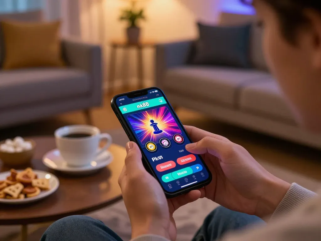 Player engaging in online casino gaming through nk88 app on smartphone in a cozy setting