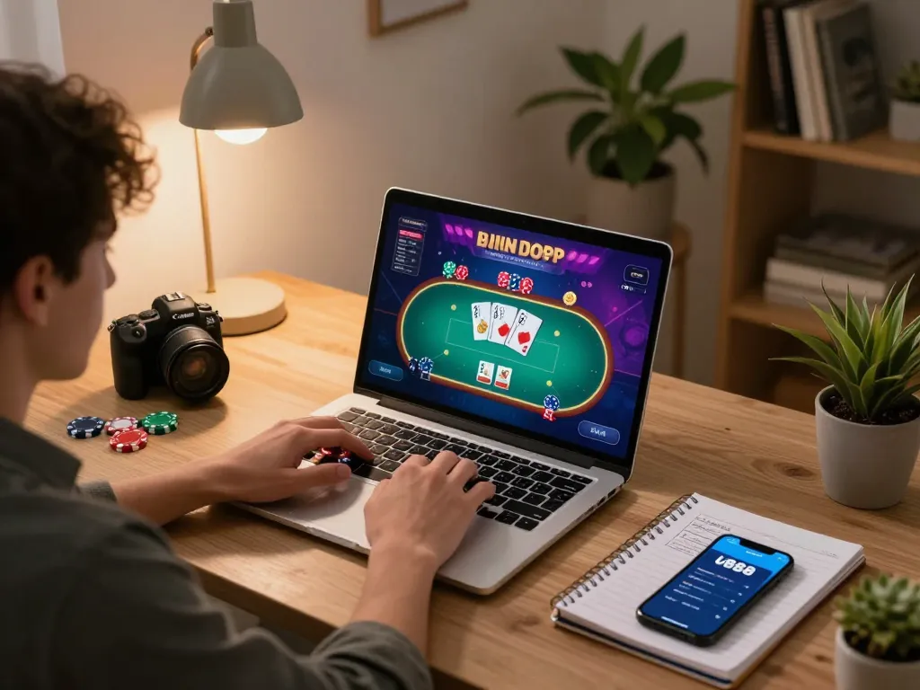Online player strategizing using U888 app on laptop with poker game interface visible.