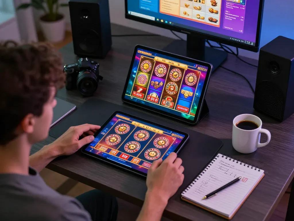 Player engaging in online gaming at DN88, showcasing diverse casino games on tablet in a cozy environment