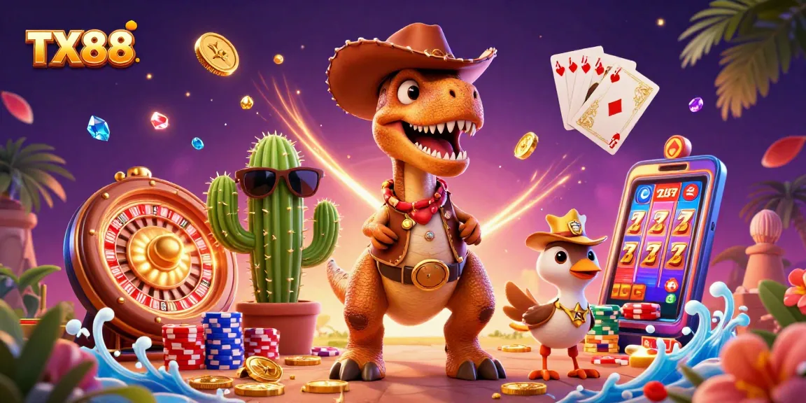 Experience thrilling gameplay at TX88 with a vibrant 3D illustration showcasing a dynamic casino scene.