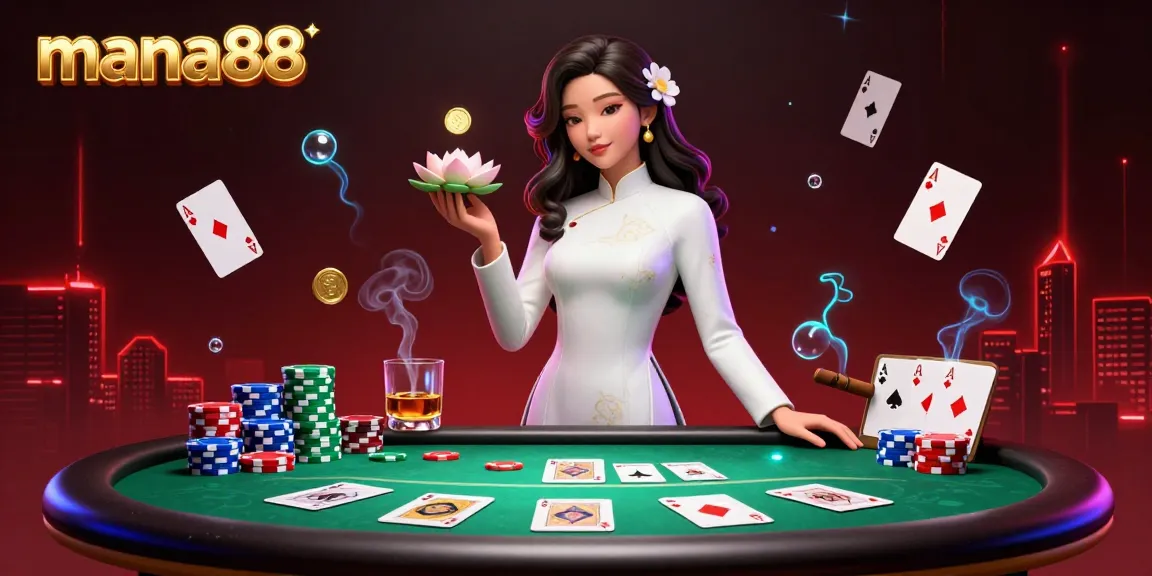 Engage in thrilling action at mana88, where a skilled Asian player immerses in a vibrant poker scene.