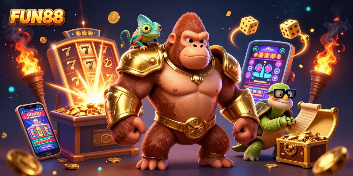 Experience FUN88's thrilling online gaming world with vibrant gambling characters and jackpot elements.