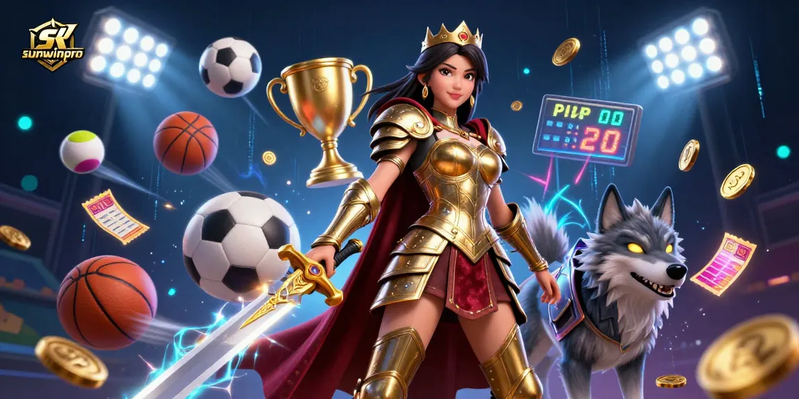 Engage in exciting gameplay at sunwinpro with a warrior queen and her glowing wolf companion amidst dynamic sports elements.