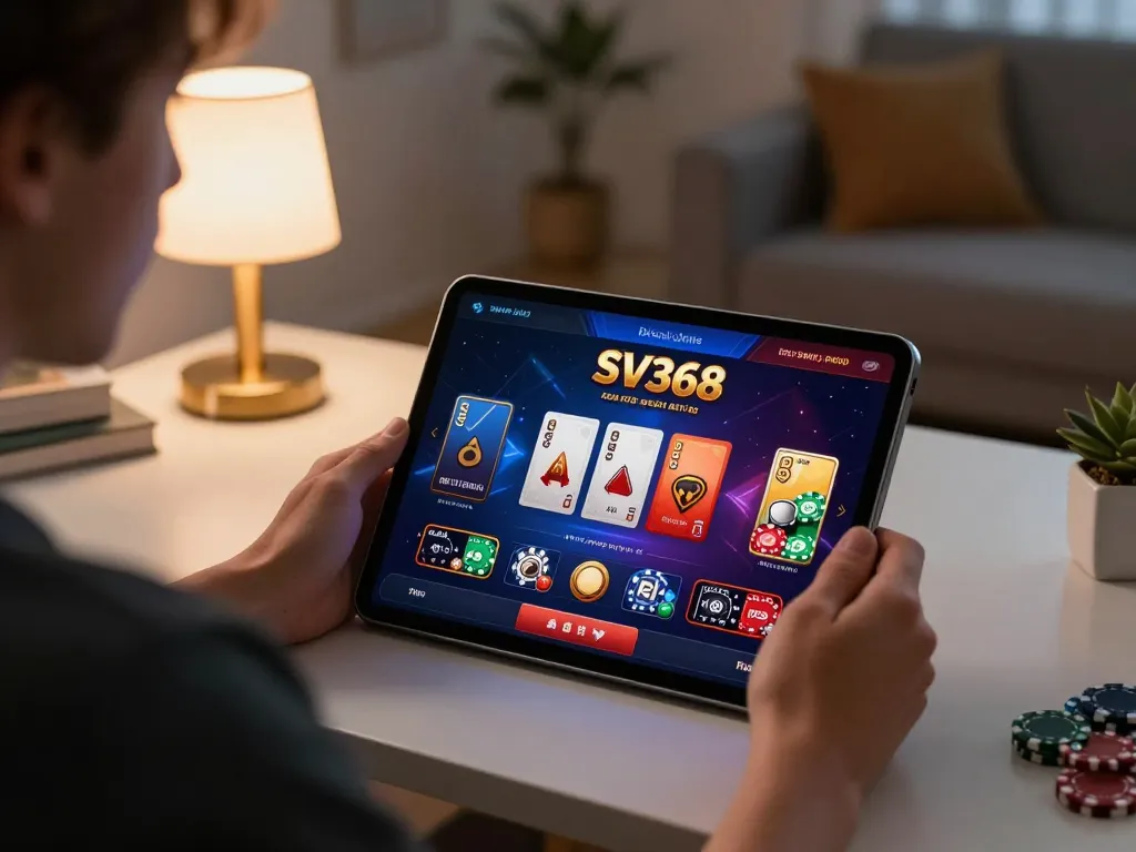 Engaging with SV368 casino app through tablet in a cozy home gaming setup.
