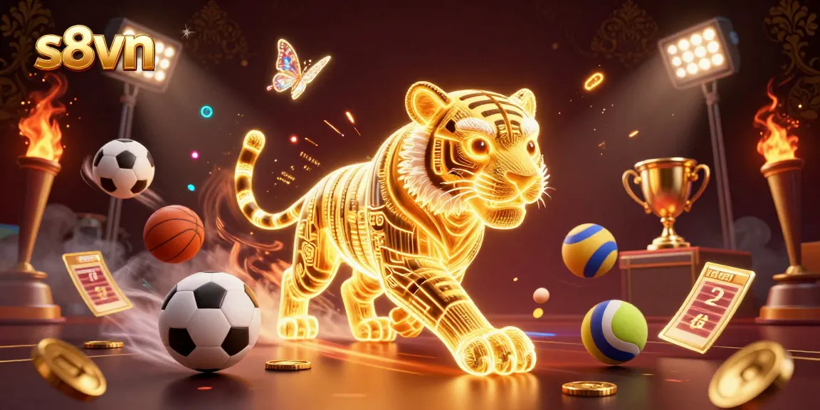 Experience thrilling gaming with s8vn's dynamic casino scene featuring a golden tiger and holographic elements.