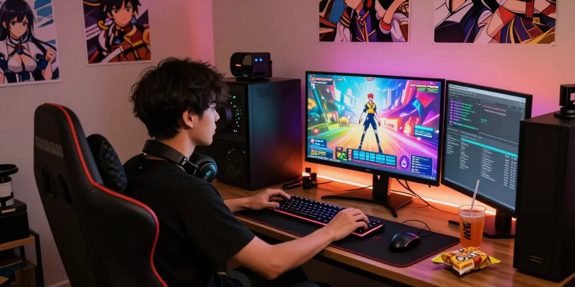 Dynamic scene of a player immersed in hentai games, showcasing gaming setup with colorful graphics and snacks.