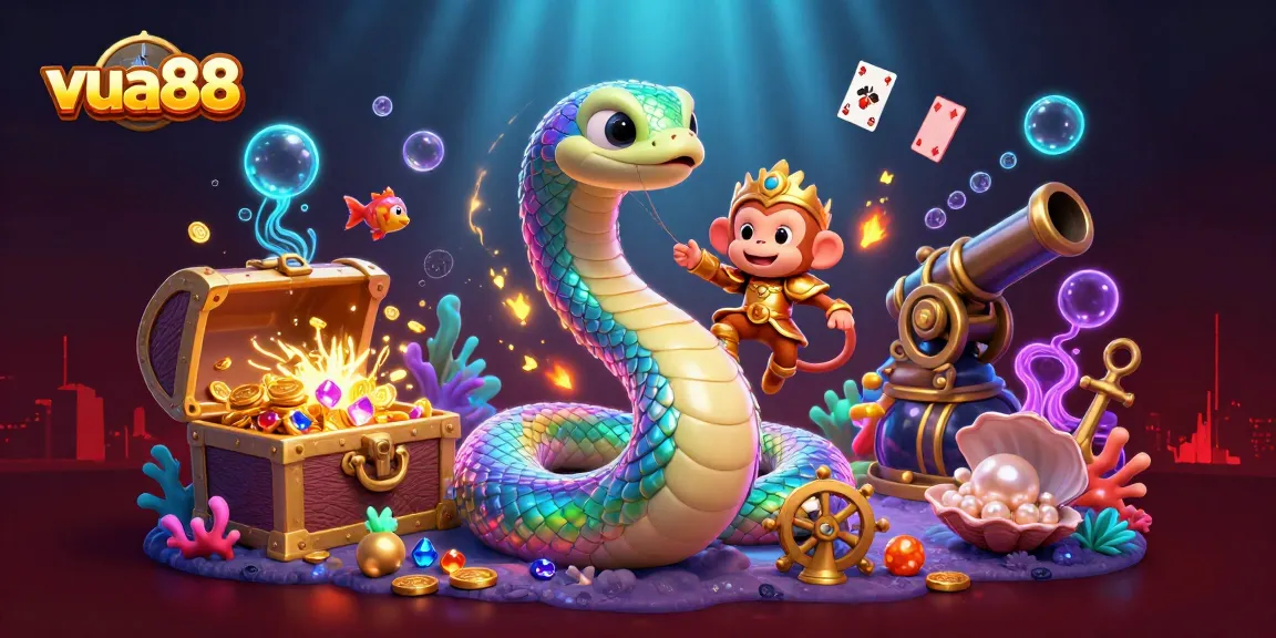 Engage with vua88's exciting gaming scene featuring a vibrant 3D serpent and gold treasures.