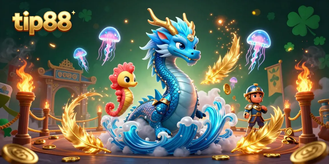 Experience the thrill of tip88 with a vibrant 3D dragon, seahorse knight, and glowing jellyfish in a casino scene.