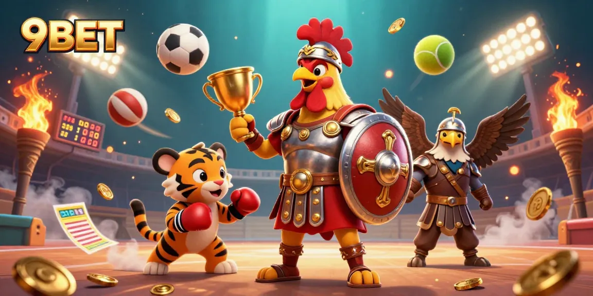 Engage in thrilling gameplay at 9BET with a dynamic casino scene featuring epic characters.