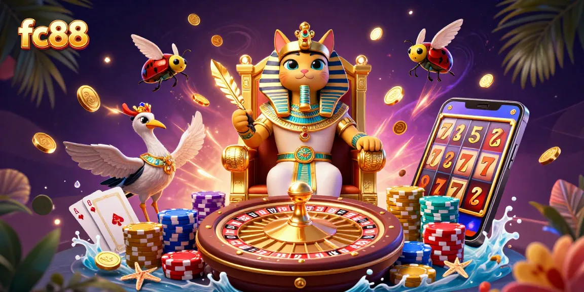Win big at fc88 with a vibrant 3D casino scene featuring exciting games and golden treasures.
