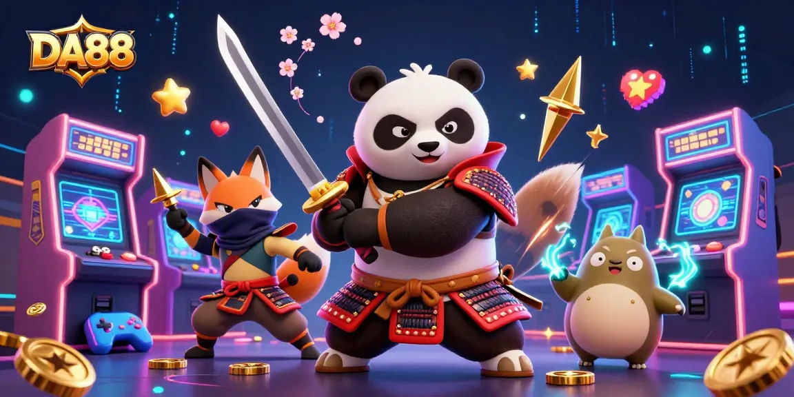 Experience DA88 with an adventurous panda samurai battling alongside a fox, glowing with vibrant casino excitement.