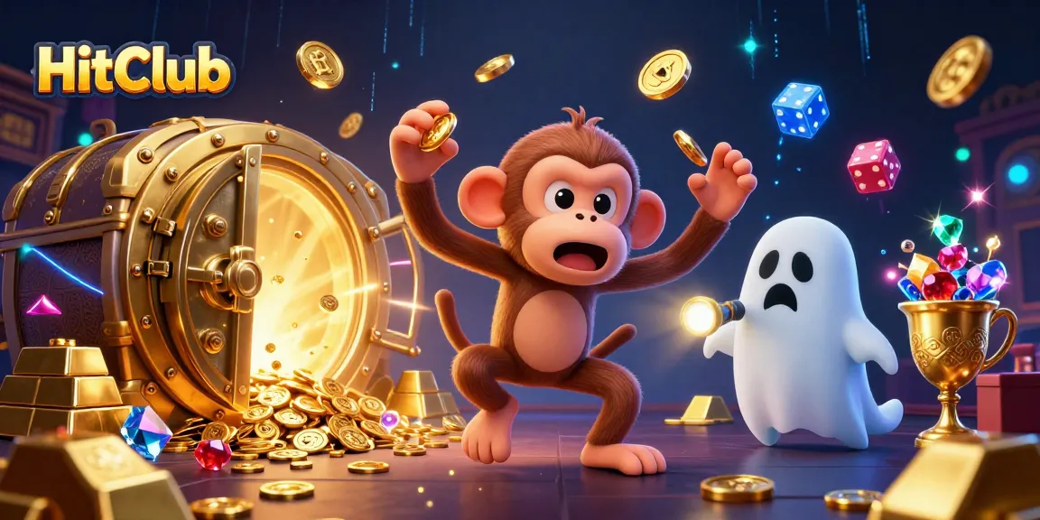 HitClub showcases vibrant casino excitement with poltergeist monkey and ghost-hunter puppy in a dynamic illustration.