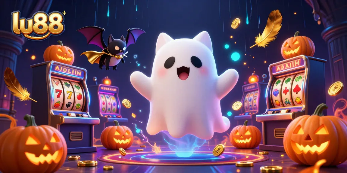 lu88 gaming scene featuring a friendly ghost cat and vampire bat amidst vibrant casino elements, showcasing exciting slots.