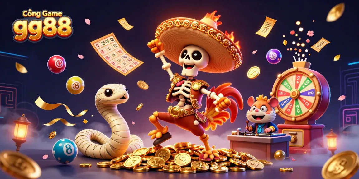 Cổng Game gg88 showcases an exciting victory dance scene with vibrant casino elements and colorful characters.
