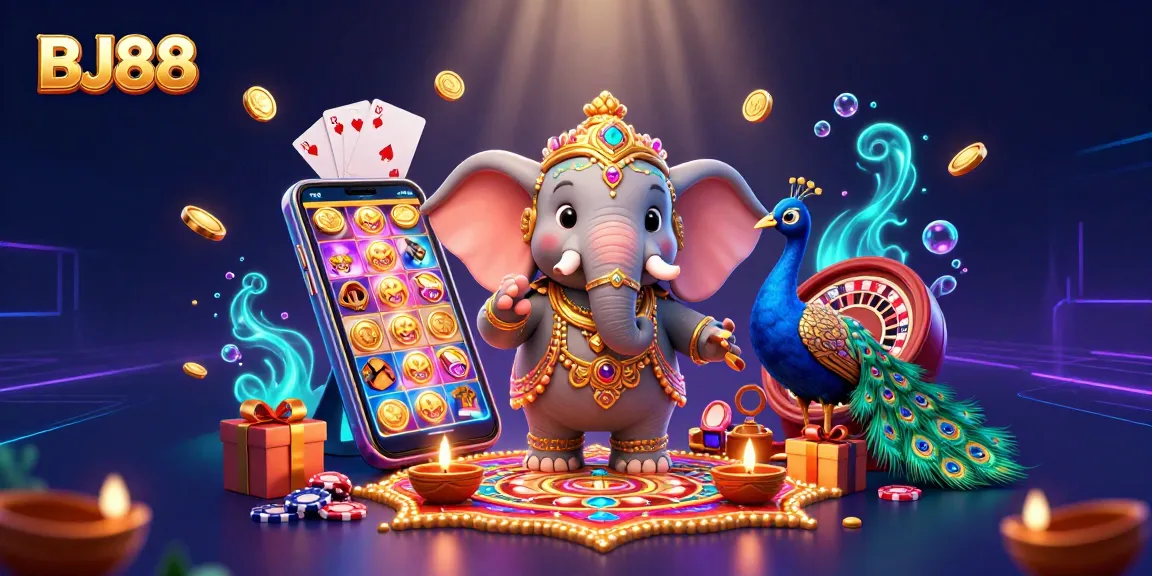 Engaging BJ88 casino scene with characters and vibrant elements for online betting.