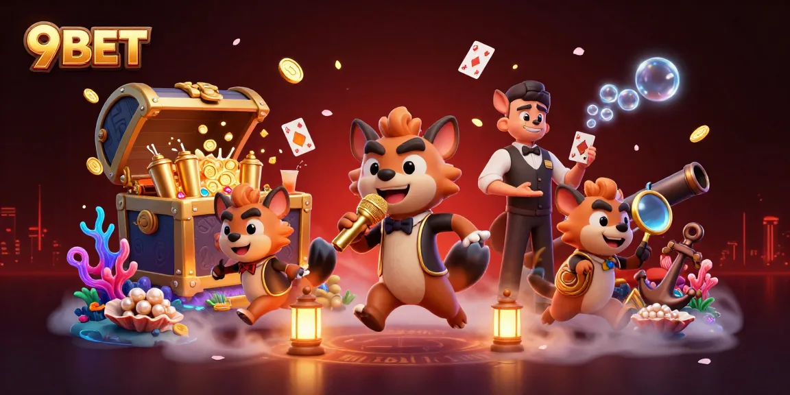 Experience the vibrant comedic casino atmosphere of 9BET with lively hyenas creating fun moments.