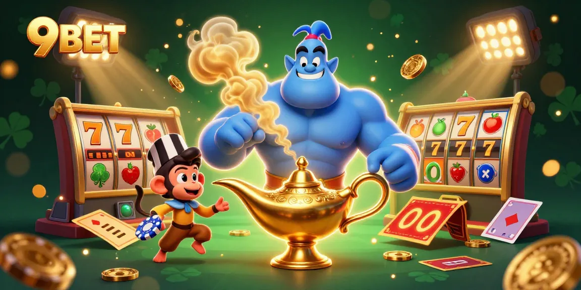 Experience the excitement of 9BET with a dynamic casino illustration featuring a blue genie, slots, and rich casino elements.