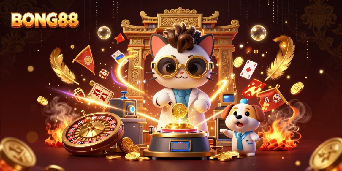 BONG88 casino illustration of a mad scientist cat and assistant dog creating gold coins in a dynamic gambling scene.