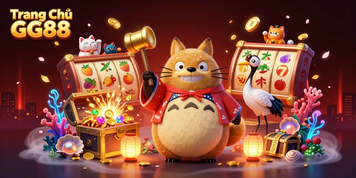 Experience the excitement at Trang Chủ GG88 with vibrant lucky symbols and cheerful characters in a dynamic casino scene.