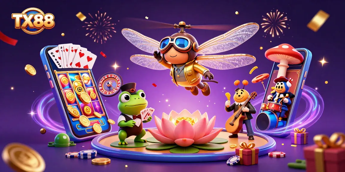 Experience TX88 with vibrant 3D casino action featuring a dragonfly pilot and a frog croupier.