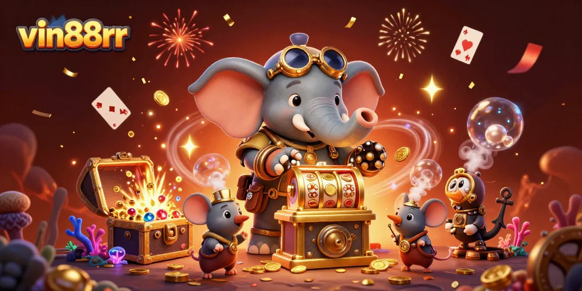 Engage with vin88rr's vibrant casino adventure featuring a steampunk elephant at a golden slot machine.