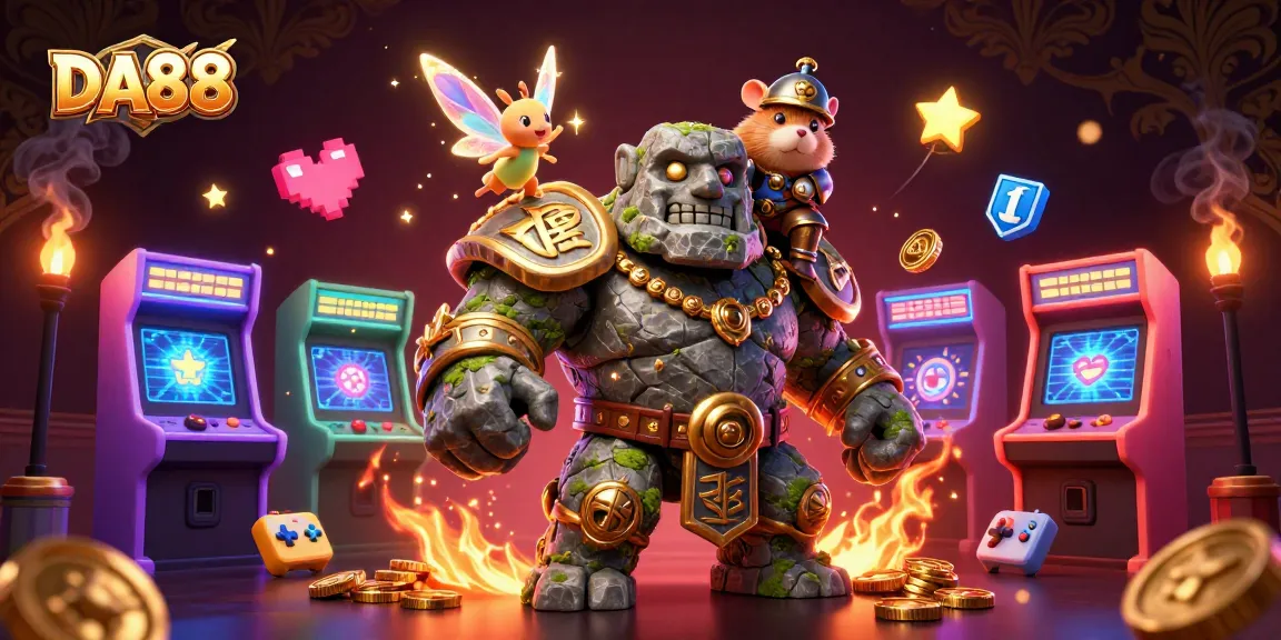 DA88 showcases a vibrant 3D casino illustration featuring a magical golem and brave knight amid gaming excitement.