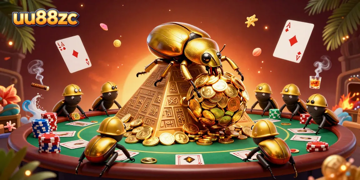 Engage with thrilling gameplay at uu88zc featuring golden beetles and coins in a vibrant casino scene.