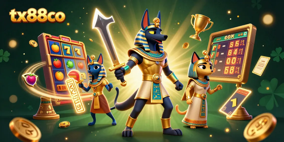 Spin to win at tx88co with a vibrant casino scene featuring Anubis and Bastet amidst dynamic slot game symbols.
