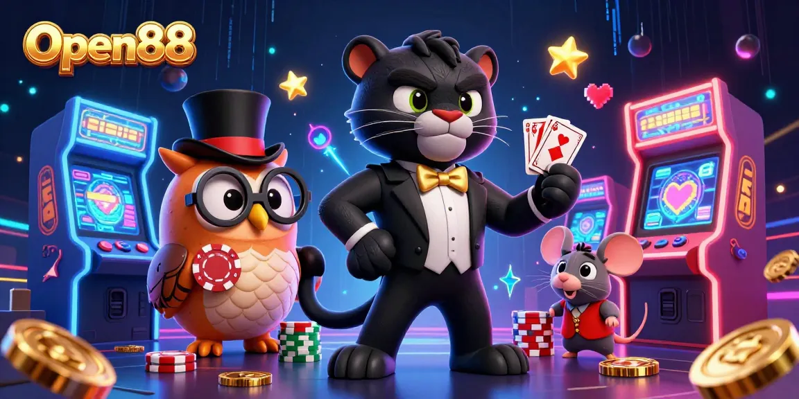 Open88 features a stylish panther dealer and owl player in a vibrant casino scene, showcasing gaming elements.