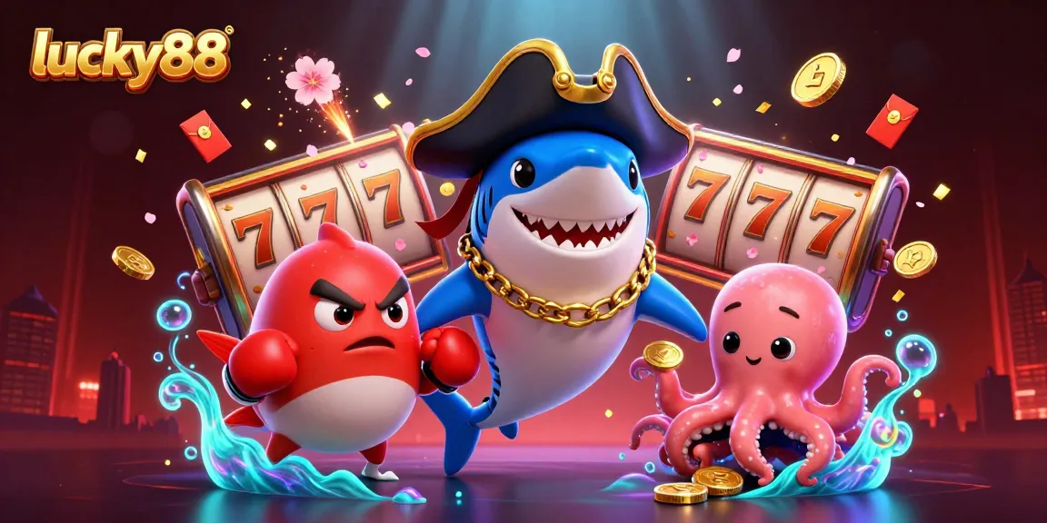Lucky88 gameplay illustration with a pirate shark, pufferfish, and octopus surrounded by vibrant gaming elements.