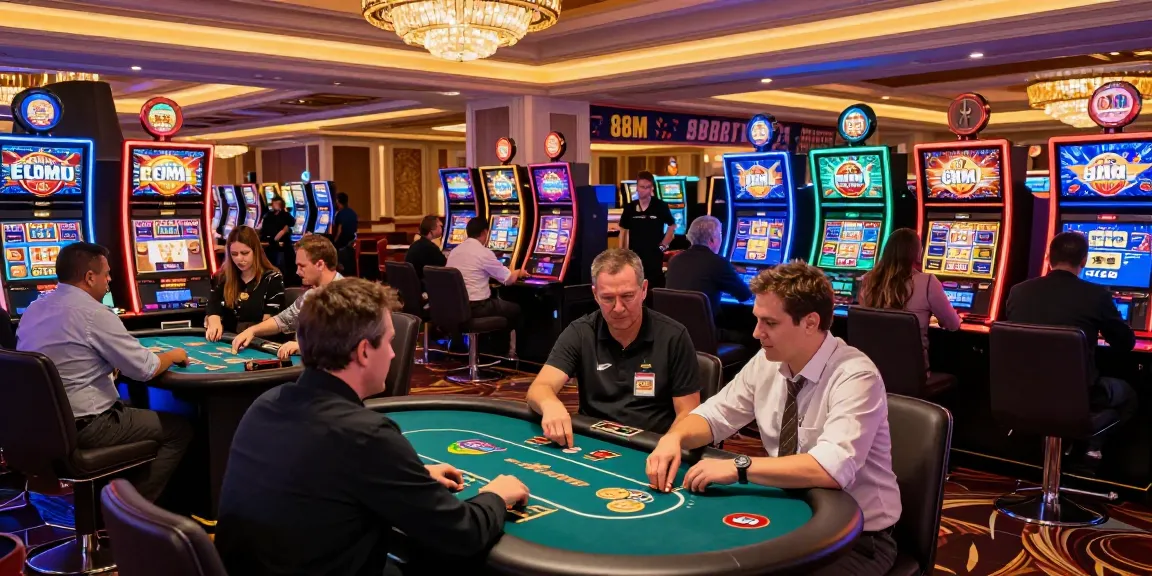 Dynamic casino scene showcasing 88m gaming excitement with players and colorful lights.