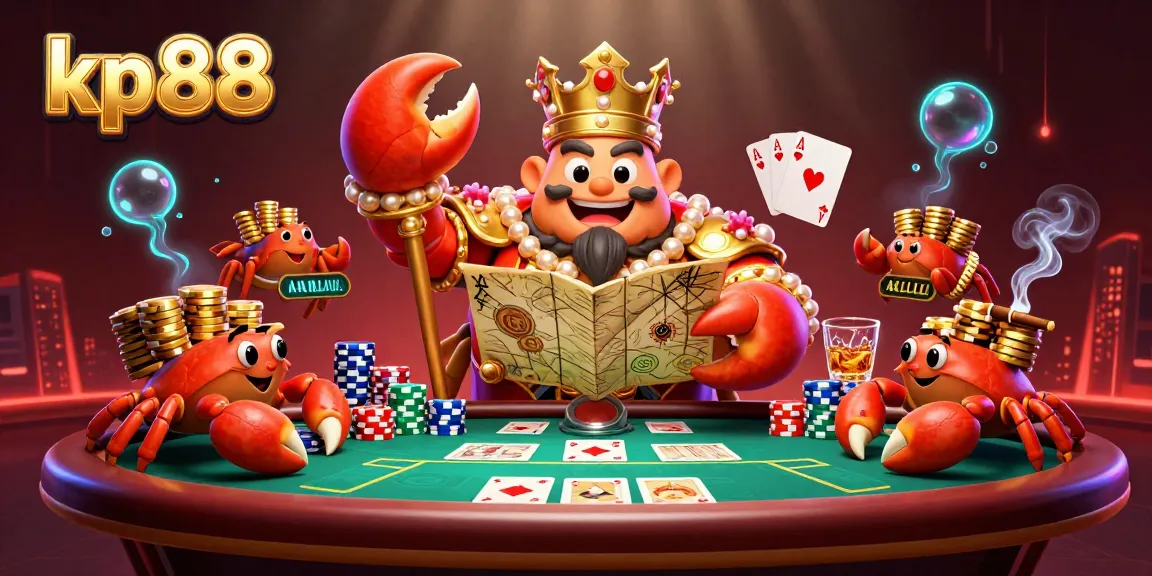 Experience thrilling gameplay at kp88 with a vibrant crab emperor presiding over a dynamic poker scene.