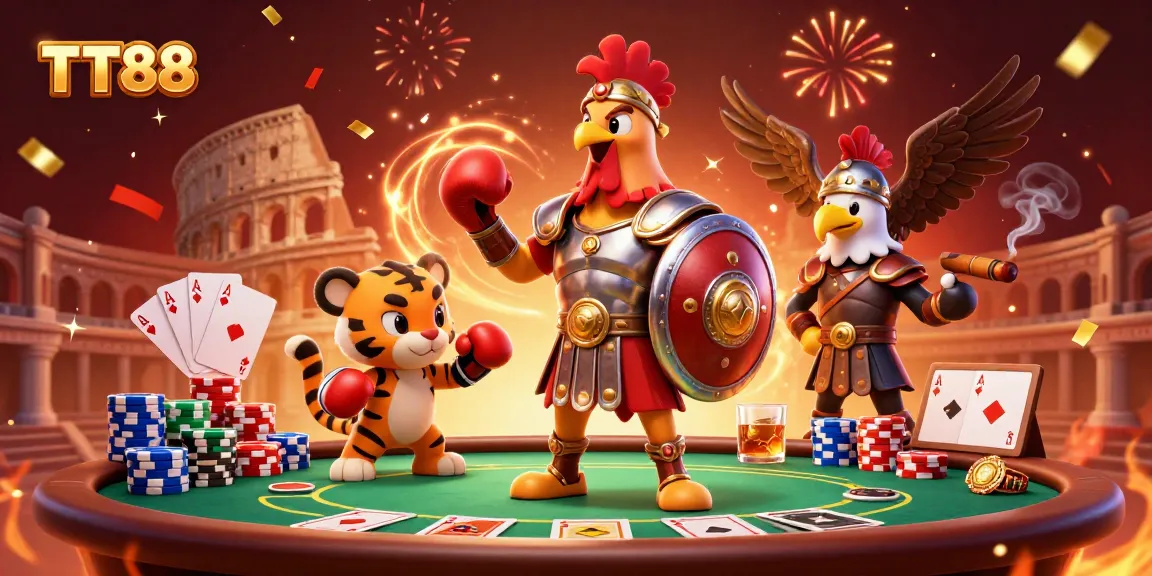TT88 showcases strategic gameplay with a gladiator rooster and poker elements in a vibrant arena.