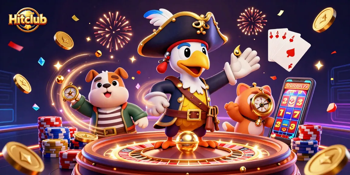Experience the thrill of Hitclub with a dynamic scene of cartoon characters amidst casino action.
