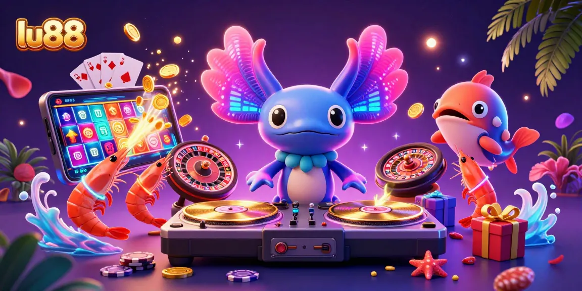 Experience the excitement of lu88 with vibrant characters celebrating casino wins amidst colorful slot game elements.